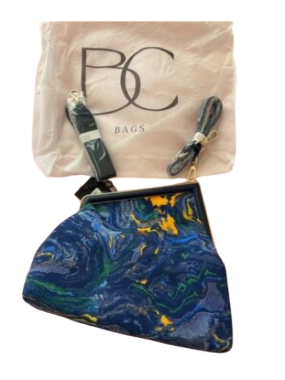 BC Bags Blue Marble Print Frame Clutch NWT and Dust Cloth